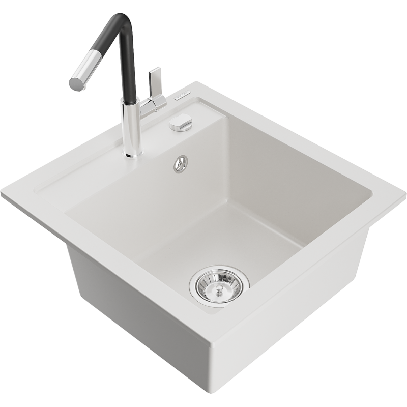 Mexen Vito fregadero de granito de 1 cubeta con grifo de cocina Flora, blanco - 6503-20-670401-07