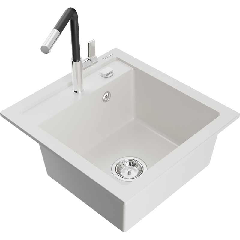 Mexen Vito granite sink 1-bowl with Flora kitchen tap, white - 6503-20-670401-07