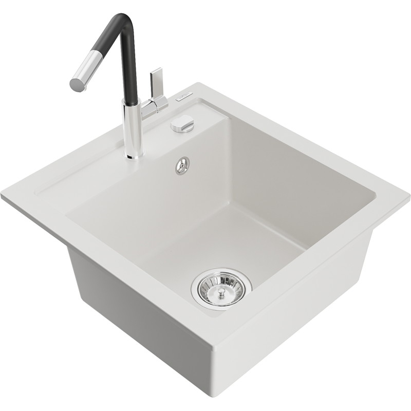 Mexen Vito granitisch 1-kommer spoelbak met keukenkraan Flora, wit - 6503-20-670401-07