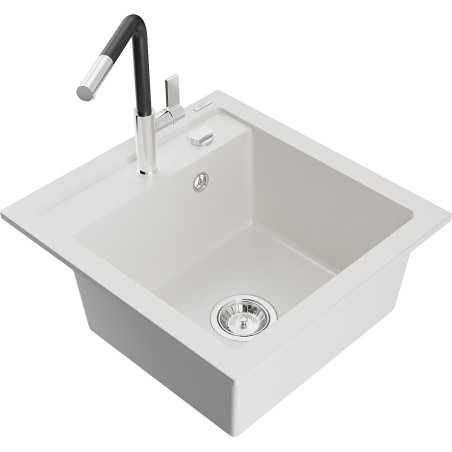 Mexen Vito granite sink 1-bowl with Flora kitchen tap, white - 6503-20-670401-07