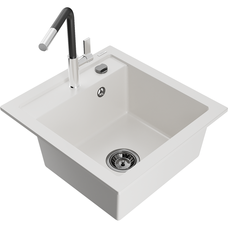 Mexen Vito graniittinen 1-allas keittiöallas ja Flora-keittiöhana, valkoinen - 6503-20-670401-07-B