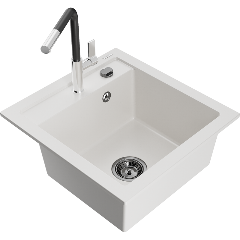 Mexen Vito granite 1-bowl kitchen sink with Flora tap, white - 6503-20-670401-07-B
