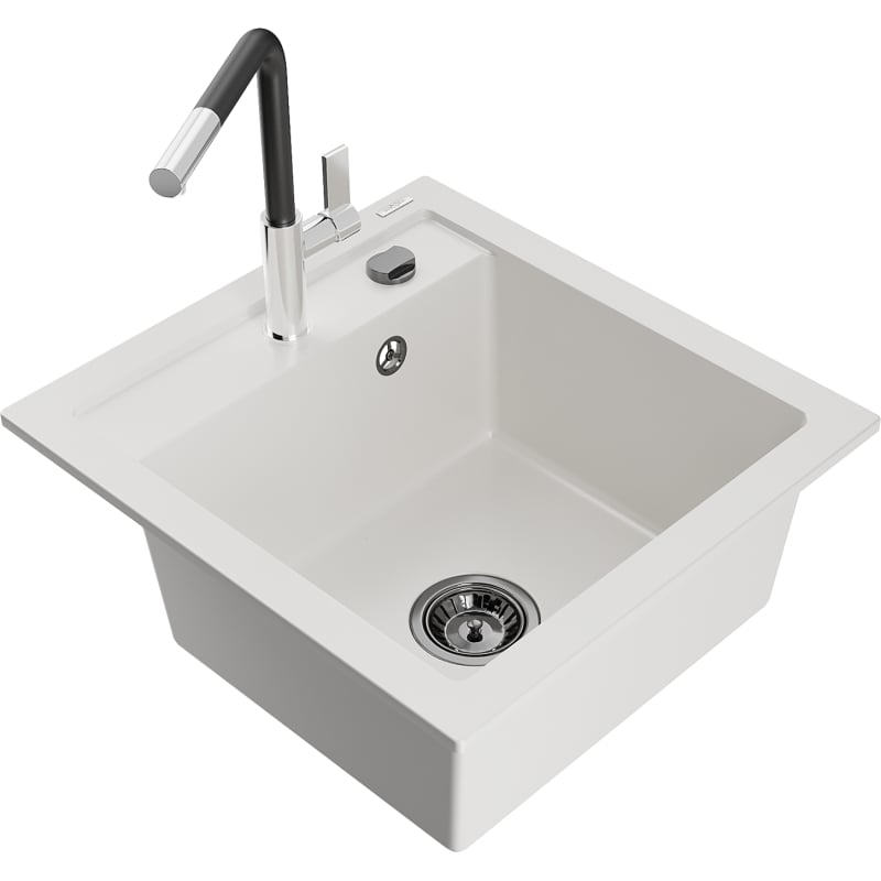Mexen Vito granite single-bowl sink with Flora kitchen faucet, white - 6503-20-670401-07-B