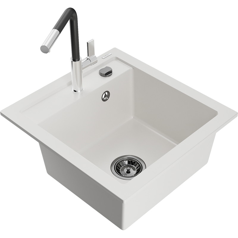 Mexen Vito Granitspüle 1-fach mit Küchenarmatur Flora, weiß - 6503-20-670401-07-B