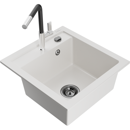Mexen Vito granieten spoelbak met 1 kamer en Flora keukenkraan, wit - 6503-20-670401-07-B