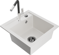 Mexen Vito Granitspüle 1-Becken mit Küchenarmatur Flora, weiß - 6503-20-670401-07-B