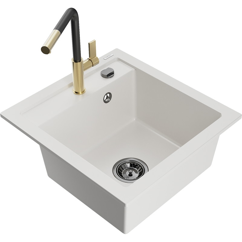 Mexen Vito fregadero de granito de 1 compartimento con grifo de cocina Flora, blanco - 6503-20-670401-57-B
