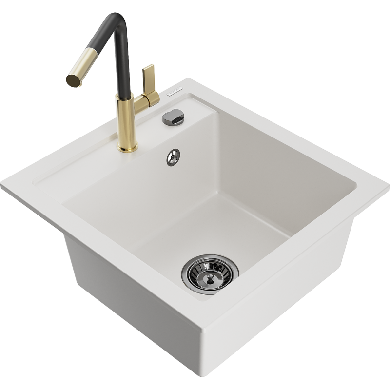 Mexen Vito lava-louça de granito 1-cuba com torneira de cozinha Flora, branco - 6503-20-670401-57-B