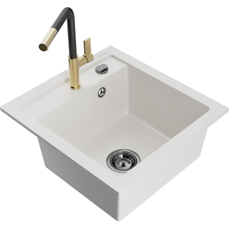 Mexen Vito fregadero de granito de 1 cuenco con grifo de cocina Flora, blanco - 6503-20-670401-57-B