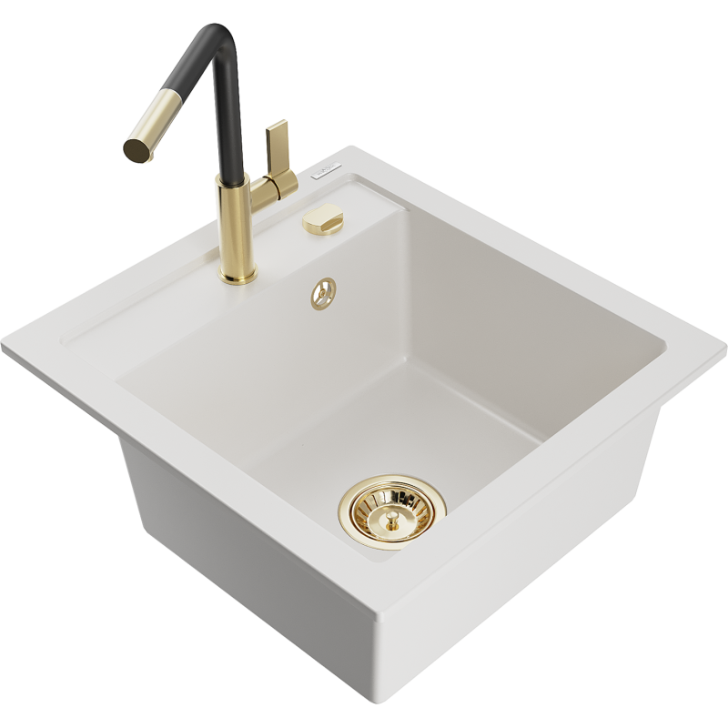 Mexen Vito fregadero de granito de 1 cámara con grifo de cocina Flora, blanco - 6503-20-670401-57-G