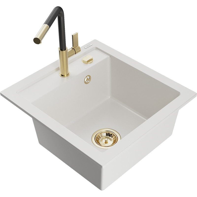 Mexen Vito fregadero de granito de 1 cubeta con grifo de cocina Flora, blanco - 6503-20-670401-57-G