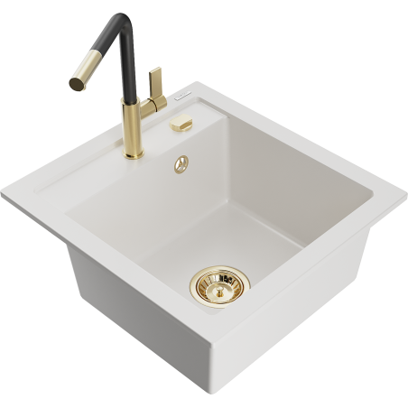 Mexen Vito lava-loiça em granito 1-cuba com torneira de cozinha Flora, branco - 6503-20-670401-57-G