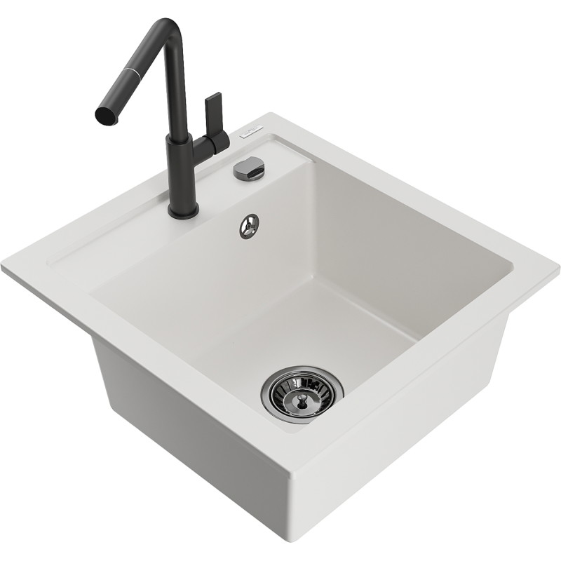 Mexen Vito fregadero de granito de 1 compartimento con grifo de cocina Flora, blanco - 6503-20-670401-70-B