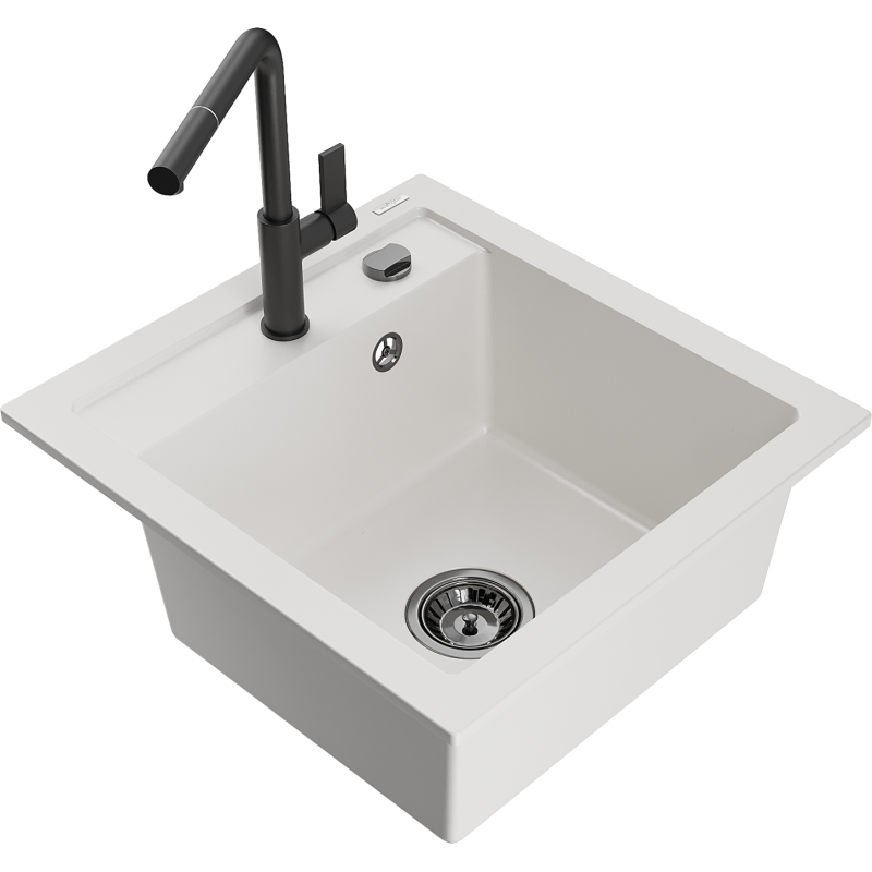 Mexen Vito granite sink 1-bowl with Flora kitchen tap, white - 6503-20-670401-70-B