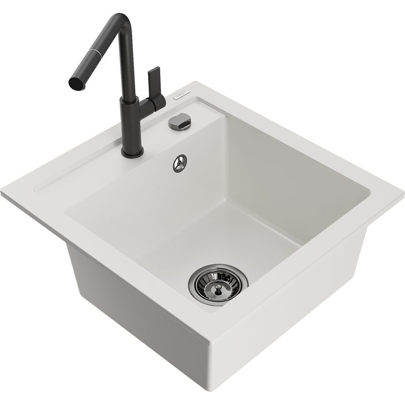 Mexen Vito lava-louça de granito de 1 bacia com torneira de cozinha Flora, branco - 6503-20-670401-70-B