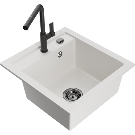 Mexen Vito lava-louça de granito de 1 bacia com torneira de cozinha Flora, branco - 6503-20-670401-70-B