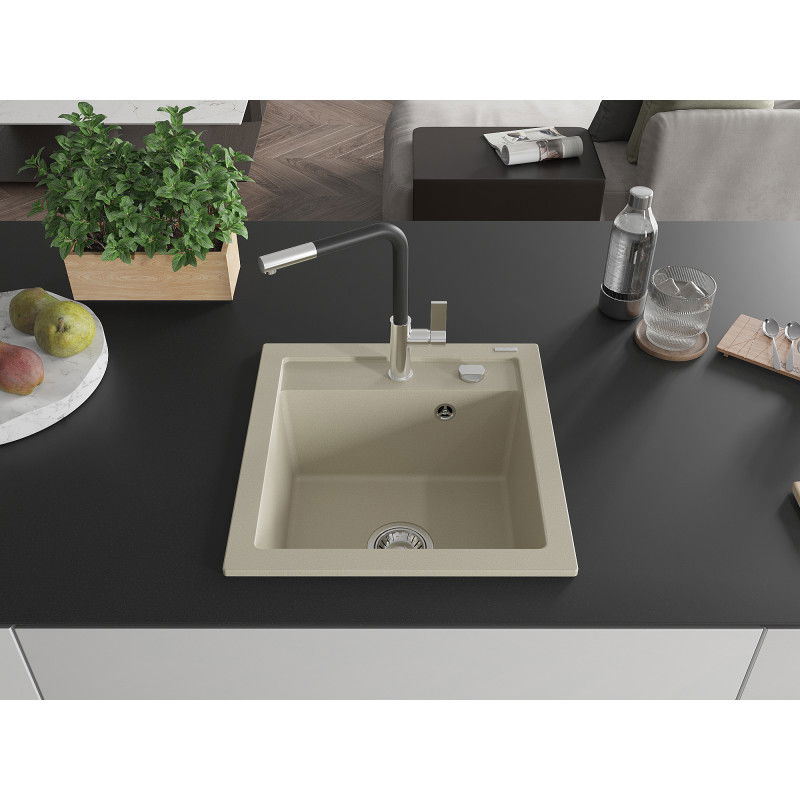 Mexen Vito 1-bowl granite kitchen sink with Flora kitchen tap, beige - 6503-69-670401-07