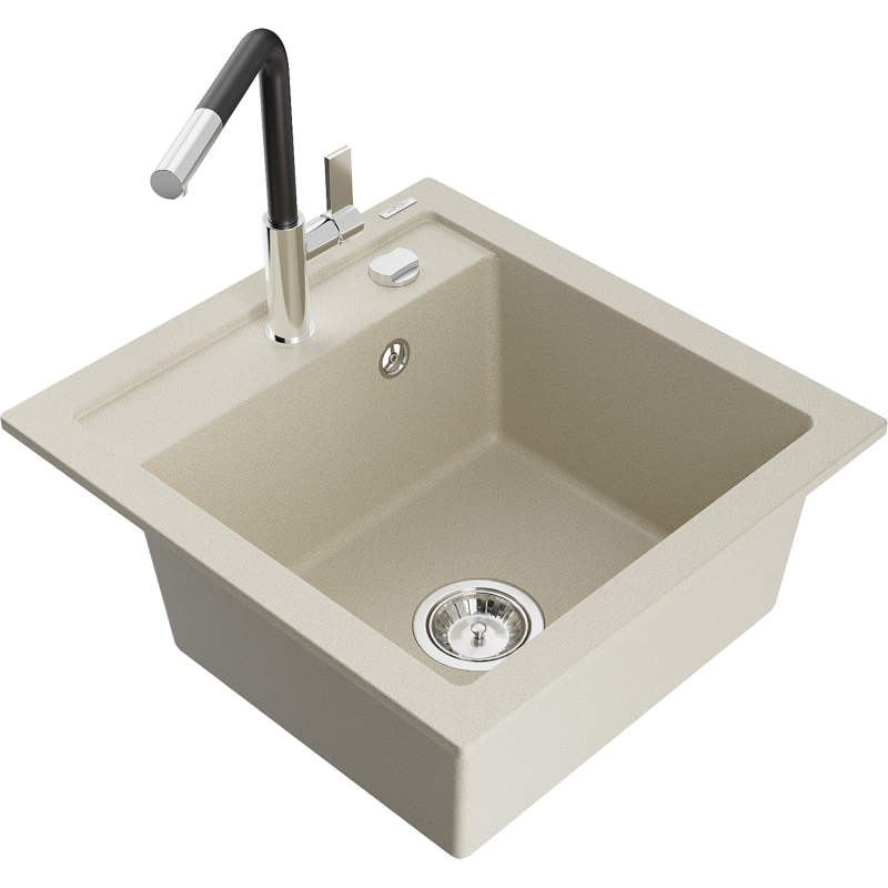 Mexen Vito graniittinen 1-allasinen keittiöallas ja Flora-keittiöhana, beige - 6503-69-670401-07
