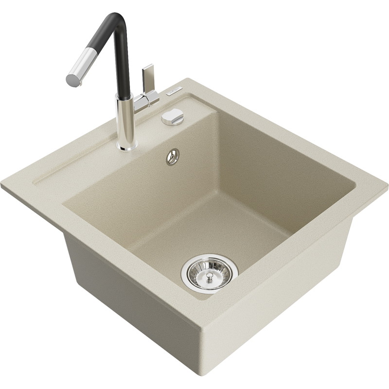 Mexen Vito granit gootsteen 1-komors met keukenkraan Flora, beige - 6503-69-670401-07
