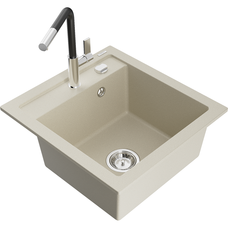 Mexen Vito Granitspüle 1-becken mit Küchenarmatur Flora, beige - 6503-69-670401-07