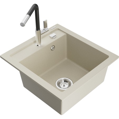 Mexen Vito granit gootsteen 1-komors met keukenkraan Flora, beige - 6503-69-670401-07