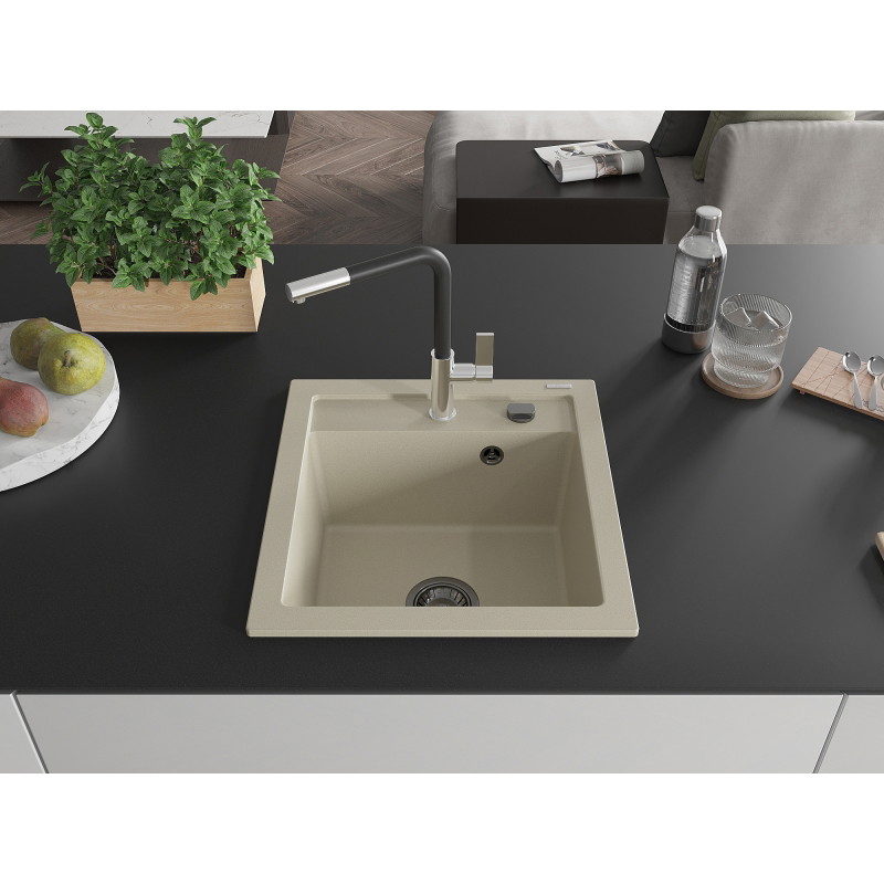Mexen Vito granitische spoelbak met 1 kamer en Flora keukenmengkraan, beige - 6503-69-670401-07-B