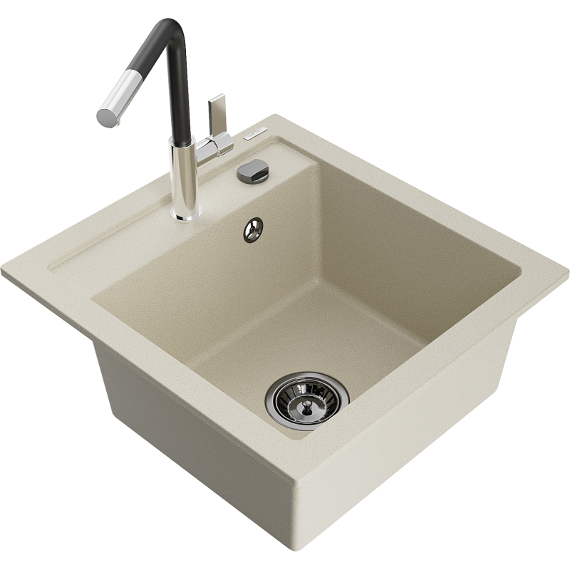Mexen Vito évier de cuisine en granit 1-bac avec mitigeur Flora, beige - 6503-69-670401-07-B