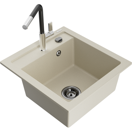 Mexen Vito évier en granit 1 bac avec robinet de cuisine Flora, beige - 6503-69-670401-07-B