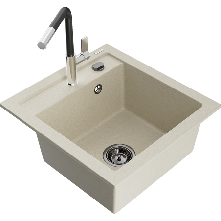 Mexen Vito granieten gootsteen met 1 bak en Flora keukenmengkraan, beige - 6503-69-670401-07-B