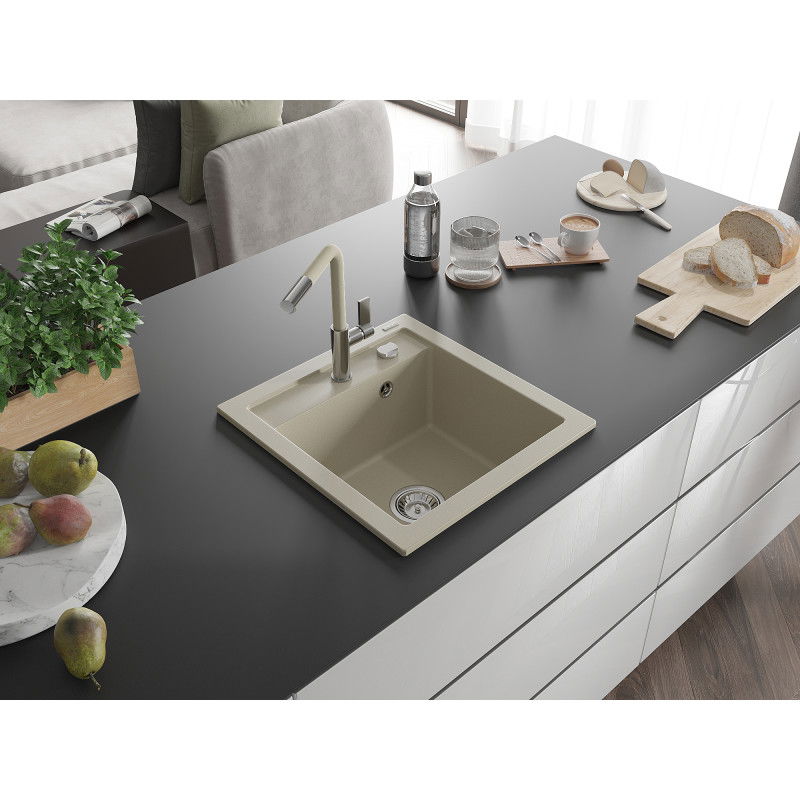 Mexen Vito 1-Becken Granitspüle mit Küchenarmatur Flora, beige - 6503-69-670401-09
