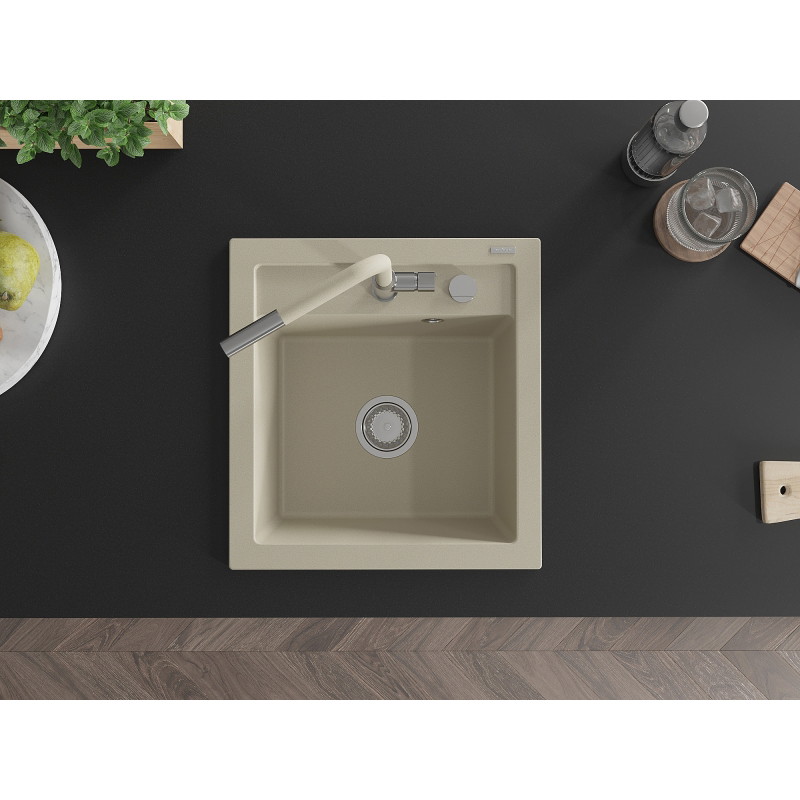 Mexen Vito évier en granit 1 bac avec mitigeur de cuisine Flora, beige - 6503-69-670401-09