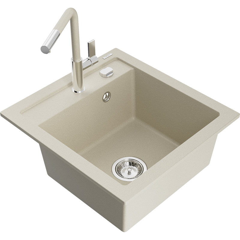 Mexen Vito fregadero de granito de 1 compartimento con grifo de cocina Flora, beige - 6503-69-670401-09