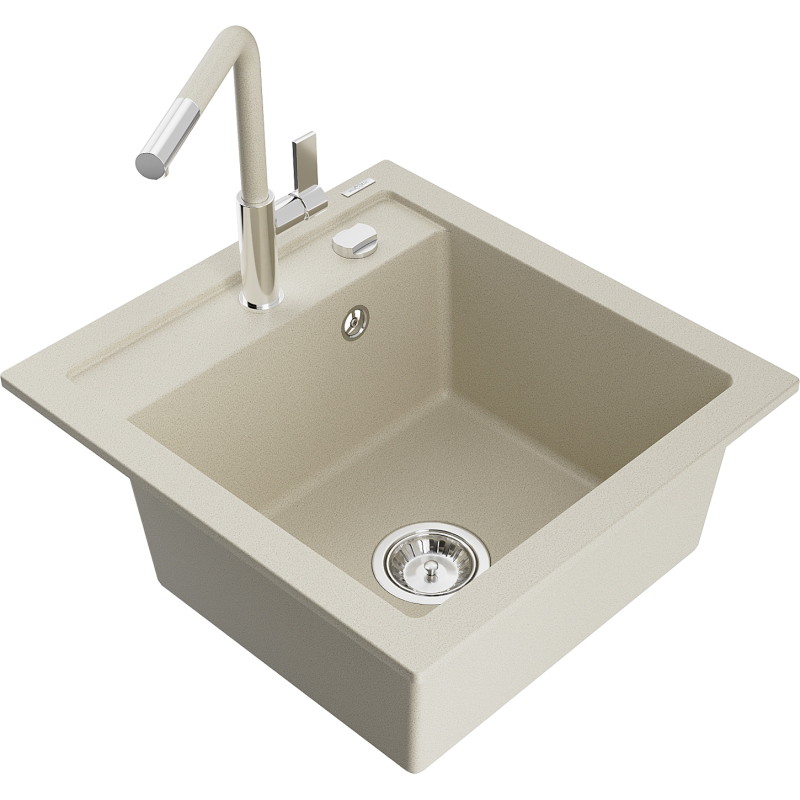 Mexen Vito fregadero de granito de 1 seno con grifo de cocina Flora, beige - 6503-69-670401-09