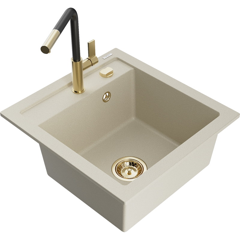Mexen Vito évier en granit à 1 bac avec robinet de cuisine Flora, beige - 6503-69-670401-57-G