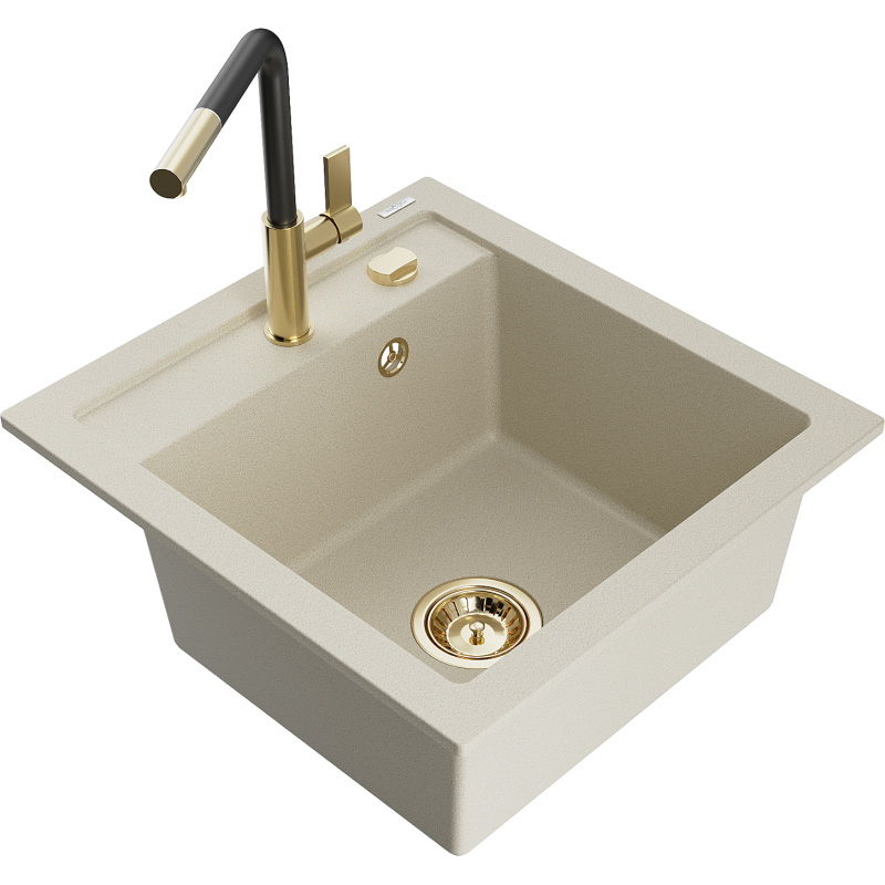 Mexen Vito fregadero de granito de 1 cubeta con grifo de cocina Flora, beige - 6503-69-670401-57-G