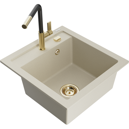 Mexen Vito granitdiskbänk med en ho och Flora köksblandare, beige - 6503-69-670401-57-G