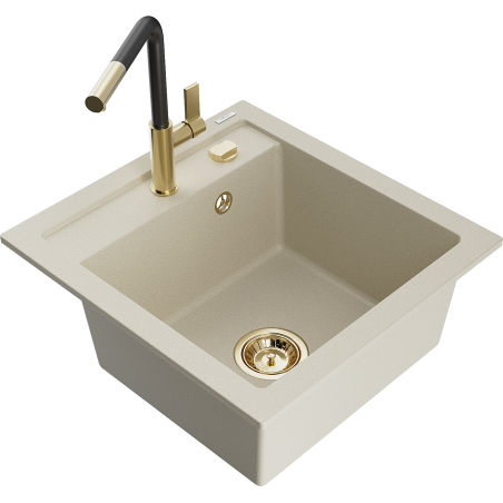 Mexen Vito Granitspüle, 1 Becken mit Küchenarmatur Flora, Beige - 6503-69-670401-57-G