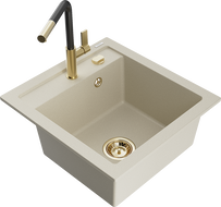 Mexen Vito Granitspüle, 1 Becken mit Küchenarmatur Flora, Beige - 6503-69-670401-57-G