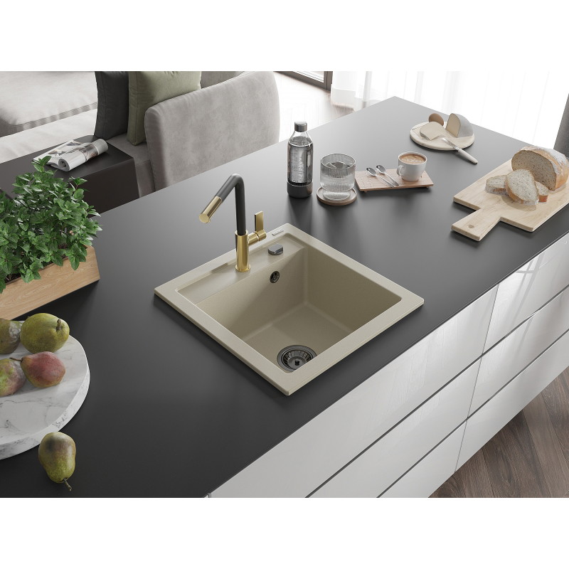 Mexen Vito fregadero de granito de 1 cubeta con grifo de cocina Flora, beige - 6503-69-670401-57-B