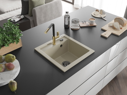 Mexen Vito Granitspüle 1-Becken mit Küchenarmatur Flora, beige - 6503-69-670401-57-B