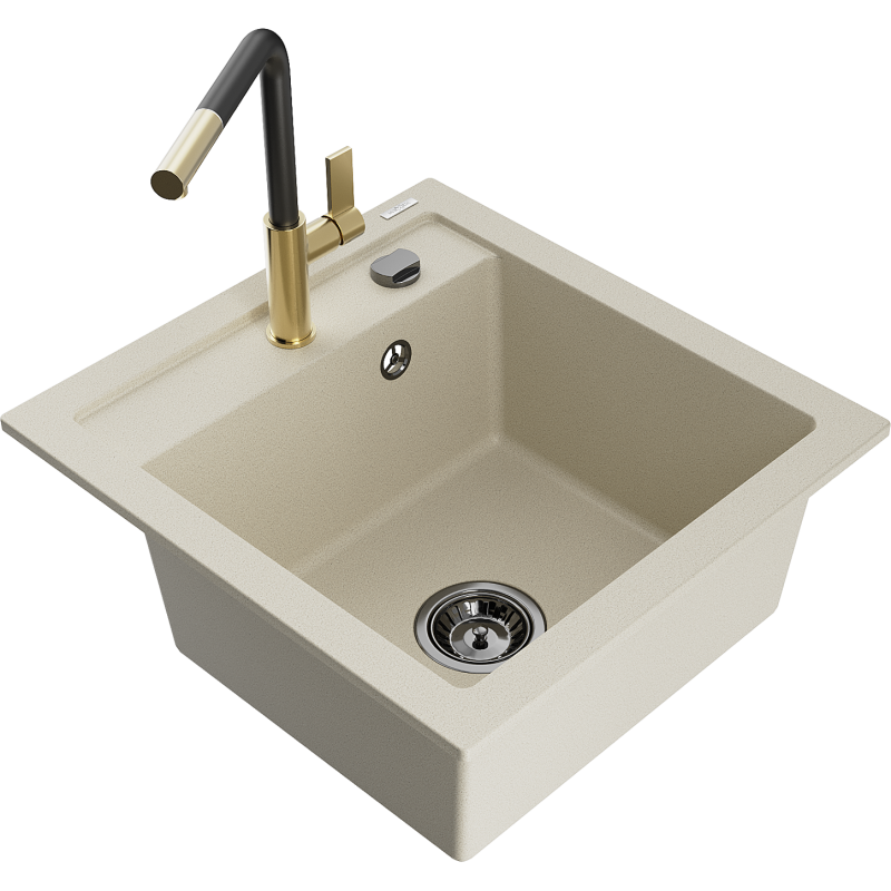 Mexen Vito 1-bowl granite kitchen sink with Flora kitchen tap, beige - 6503-69-670401-57-B