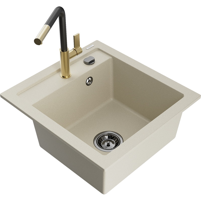 Mexen Vito granitische spoelbak met 1 kamer en keukenmengkraan Flora, beige - 6503-69-670401-57-B