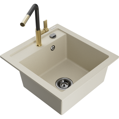Mexen Vito évier en granit à 1 bac avec robinet de cuisine Flora, beige - 6503-69-670401-57-B