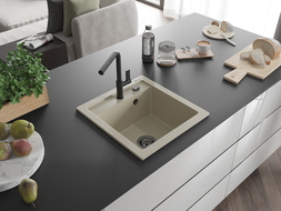 Mexen Vito Granitspüle 1-Schüssel mit Küchenarmatur Flora, beige - 6503-69-670401-70-B