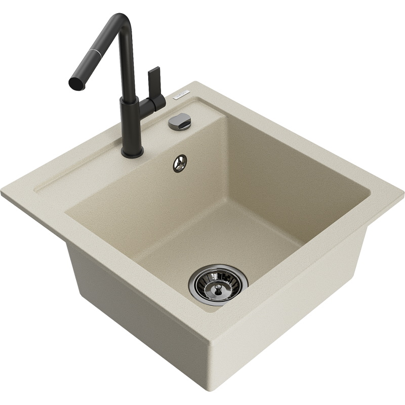 Mexen Vito granieten gootsteen 1-komerig met keukenkraan Flora, beige - 6503-69-670401-70-B