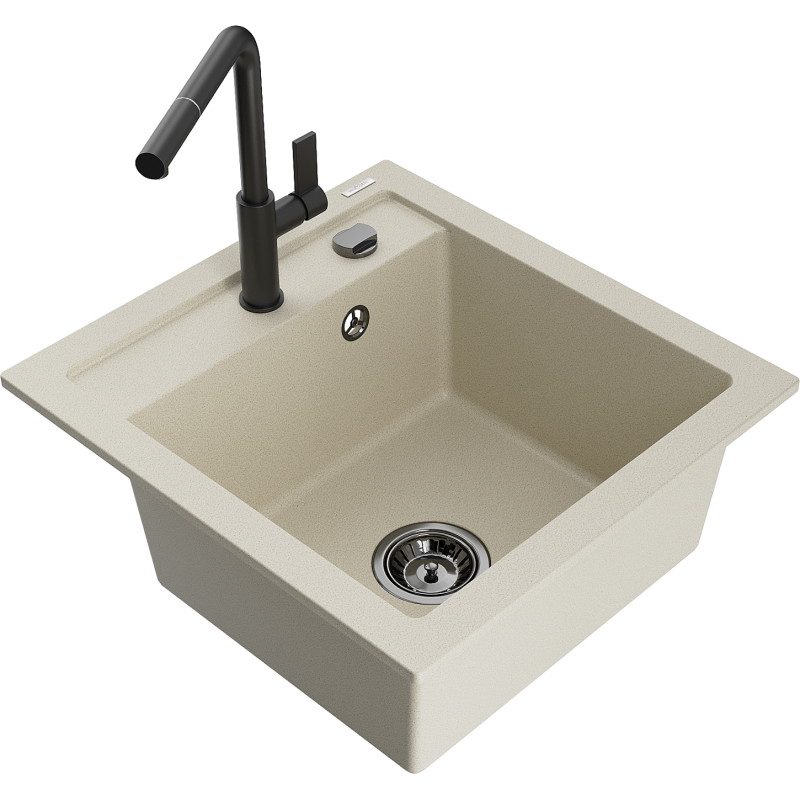 Mexen Vito Granitspüle 1-beckig mit Küchenarmatur Flora, beige - 6503-69-670401-70-B