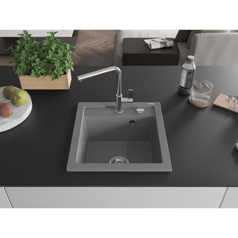 Mexen Vito zlewozmywak granitowy 1-komorowy z baterią kuchenną Flora, szary - 6503-71-670401-00