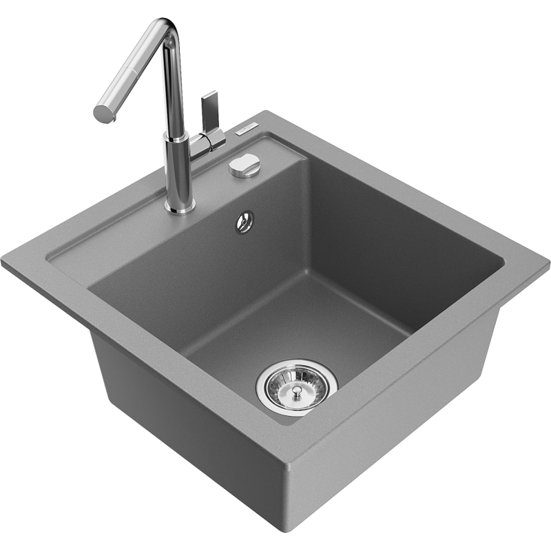 Mexen Vito 1-bowl granite kitchen sink with Flora kitchen tap, grey - 6503-71-670401-00