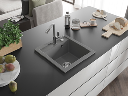 Mexen Vito Granitspüle 1-becken mit Küchenarmatur Flora, grau - 6503-71-670401-06