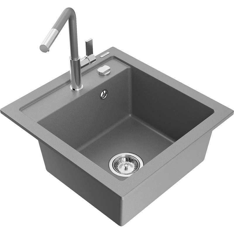 Mexen Vito 1-bowl granite kitchen sink with Flora kitchen tap, grey - 6503-71-670401-06